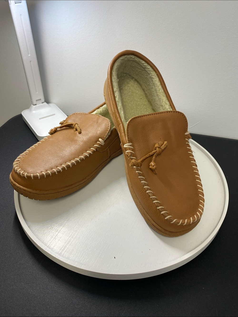 Foamtreads Women's Cozy Moccasin Slippers, Leather Upper, Tan, Sz 10, NWOT
